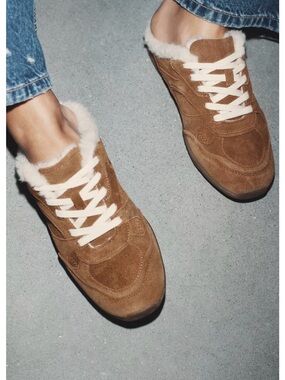 Zara Brown Suede Faux-Shearling Lined Mules